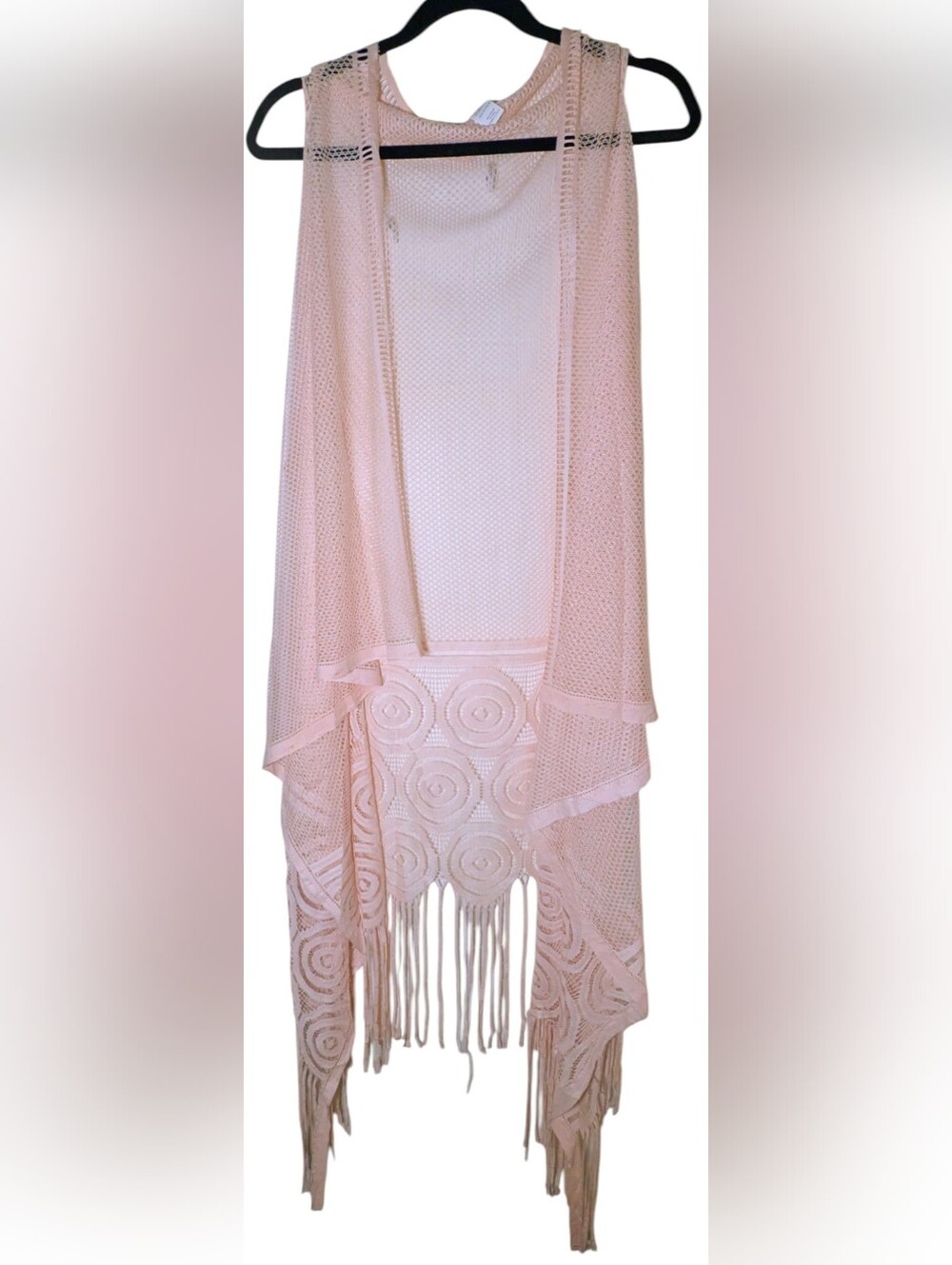 Fashionazzle Blush Pink Open Knit Fringe Duster Vest OS NWOT